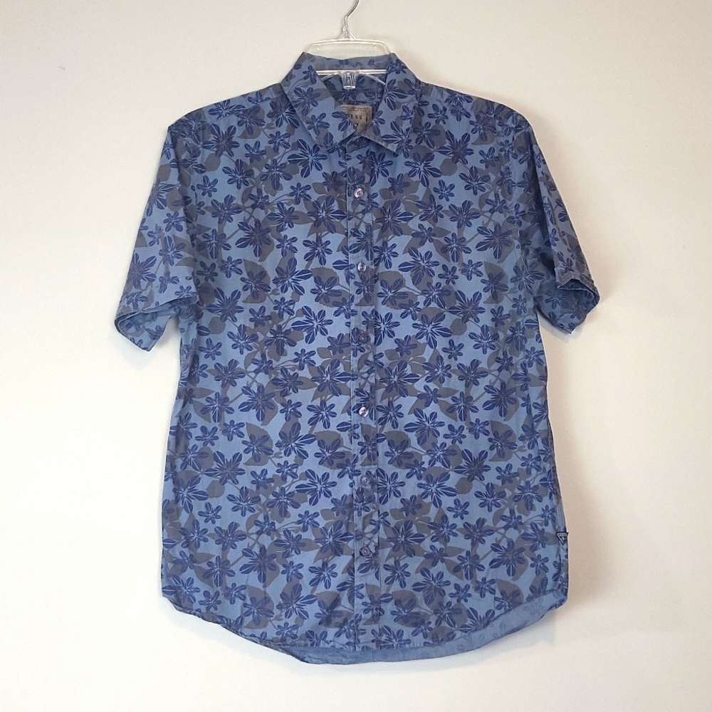 GUESS Blue Kaki Floral 100% Cotton Short Sleeve Button Down